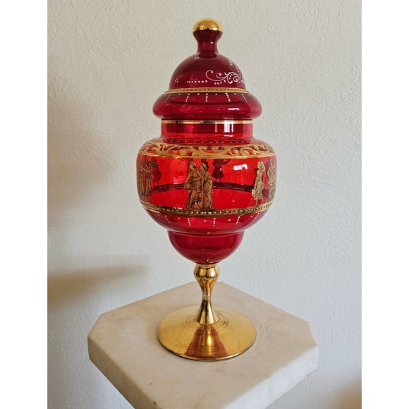 Bohemian 14" Ruby Red Crystal Apothecary Jar with Grecian Design - Picture 2 of 7